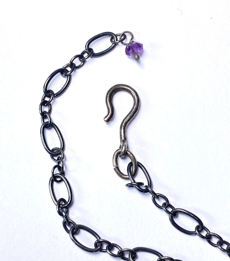 Amethyst, Tourmaline Gem Cluster Pendant Necklace, Rosary Style, Oxidized Silver