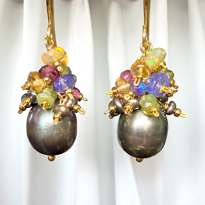 Gray Pearl Earrings with Gemstone Clusters in 14 kt Gold Fill