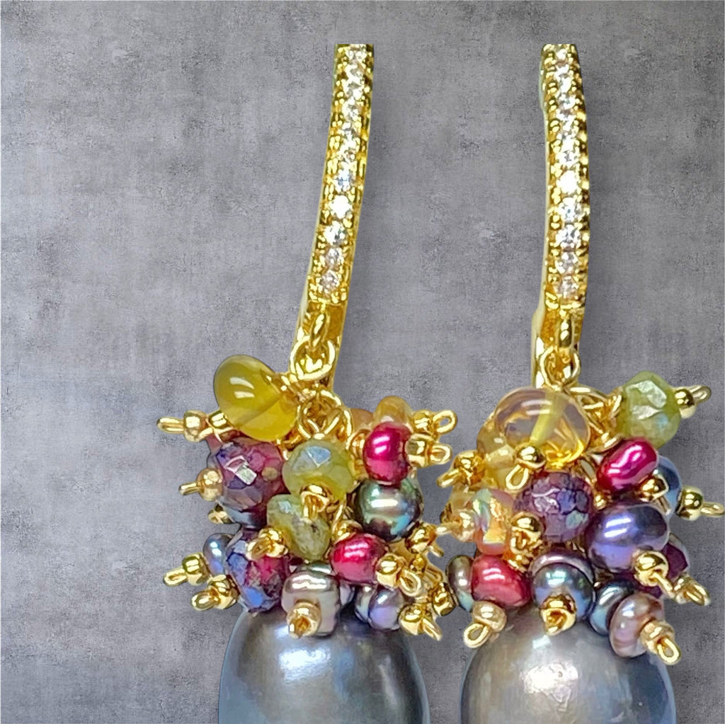 Grey Pearl Earrings with Colorful Gemstone Clusters in Sterling Silver