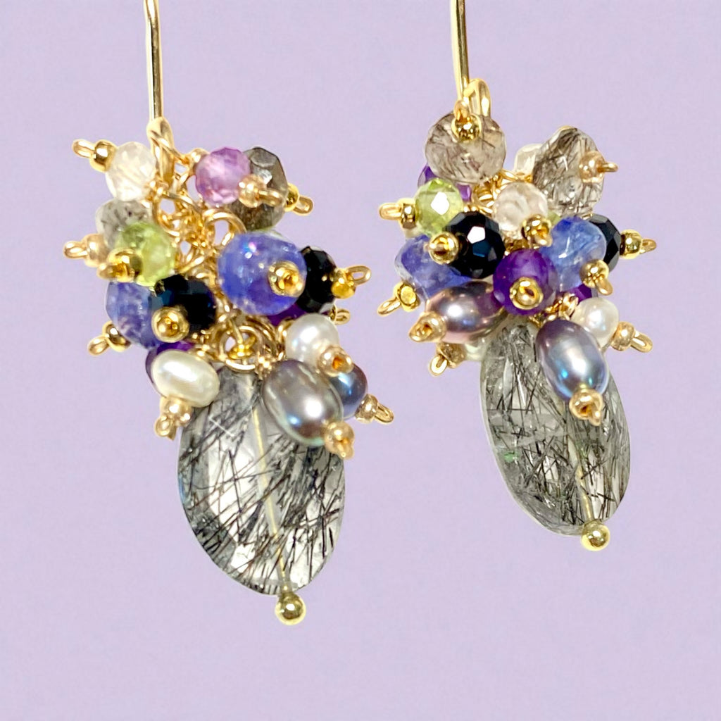 Black Rutilated Quartz Tanzanite Peridot Amethyst Cluster Earrings 2