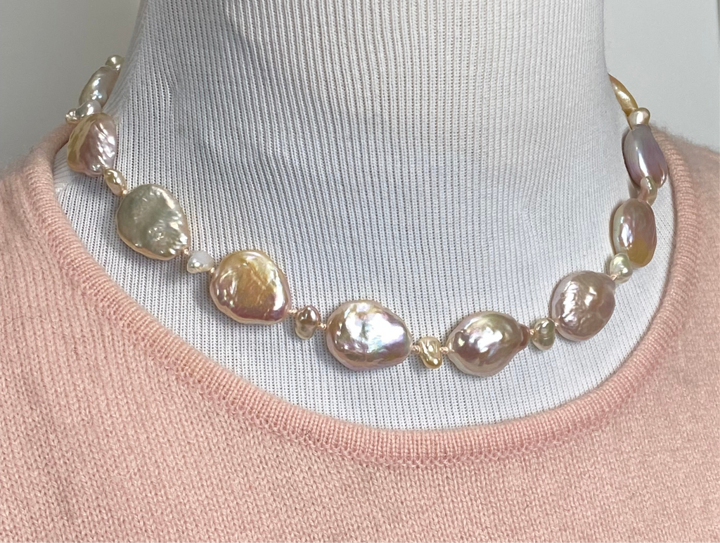 Statement Coin Pearl Necklace with Keishi Pearls, Silk Knotted