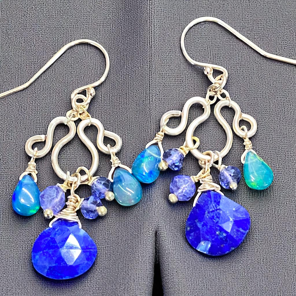 Blue Lapis, Blue Opal Chandelier Earrings Gold Fill