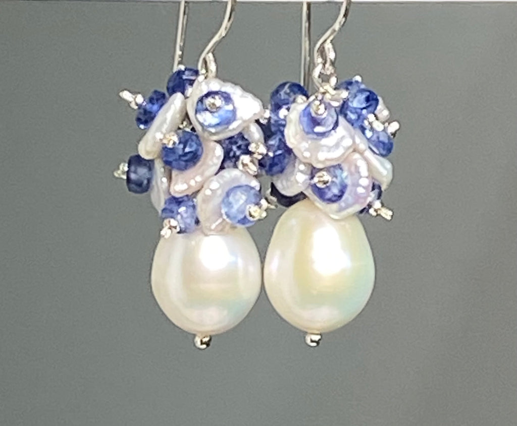 Pearl and Blue Gem Kyanite Cluster Earrings Sterling Silver