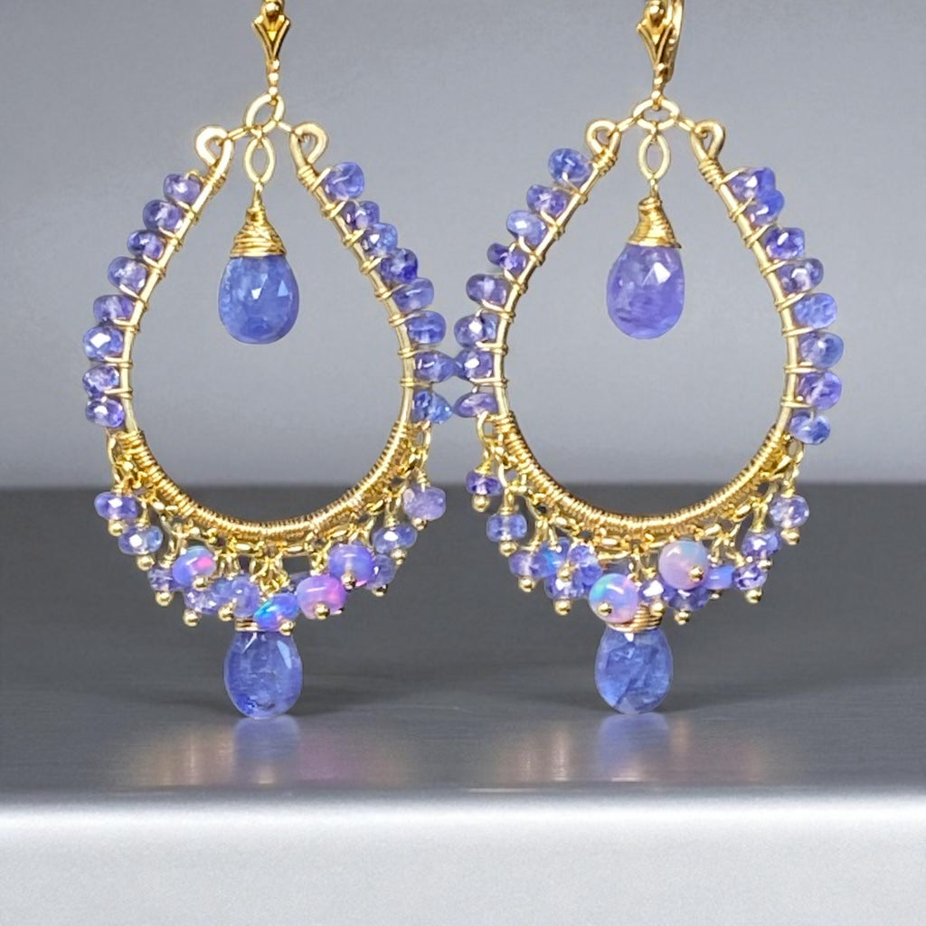 Tanzanite and Opal Hoop Earrings in Gold Fill