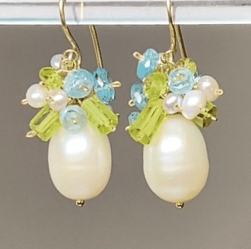 Pearl and Peridot, Blue Zircon Cluster Earrings Gold Fill