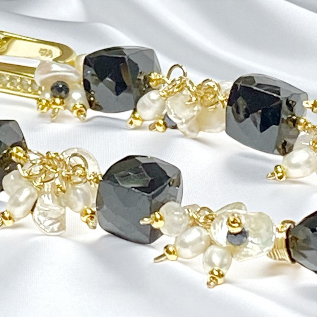 Black Spinel White Pearl Long Dangle Earrings