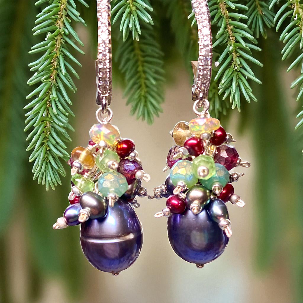 Grey Pearl Earrings with Colorful Gemstone Clusters in Sterling Silver