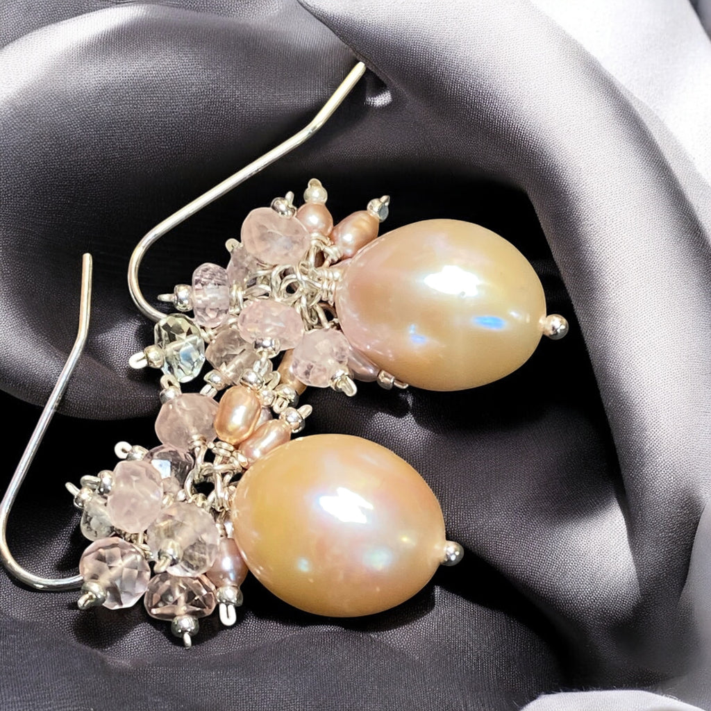 Pink Blush Pearl and Morganite Cluster Earrings Sterling Silver