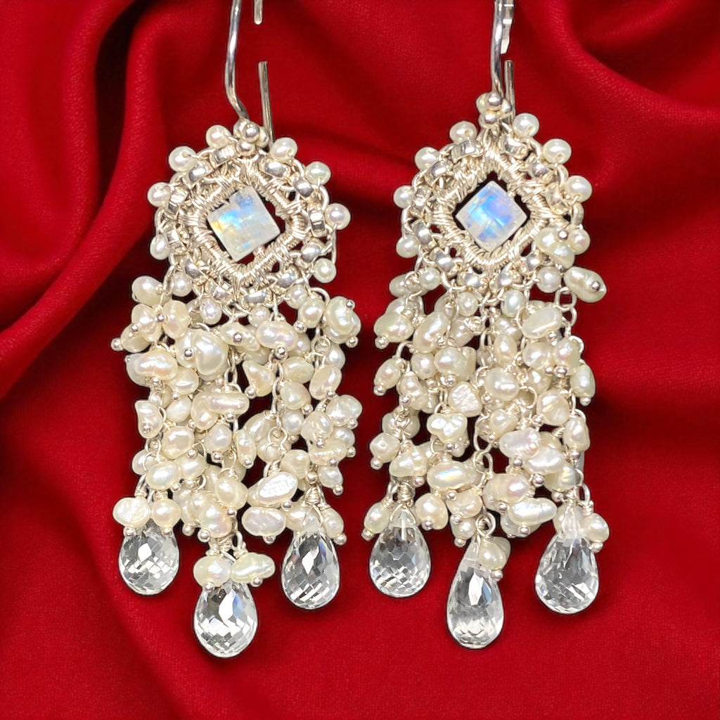 Moonstone and Pearl Chandelier Statement Bridal Wedding Earrings