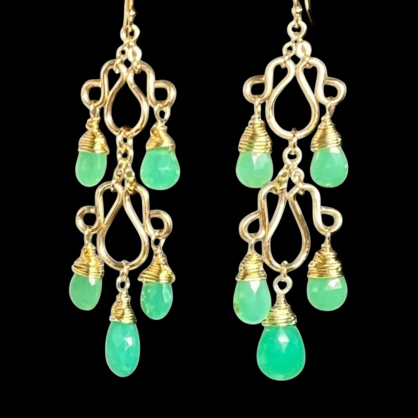 Green Chrysoprase Gemstone Long Gold Filled Chandelier Earrings