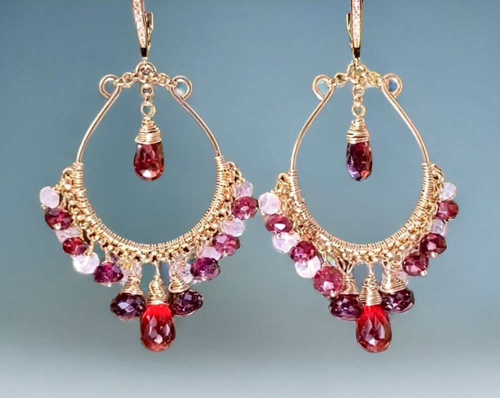 Red Garnet Gold Hoop Earrings Rainbow Moonstone