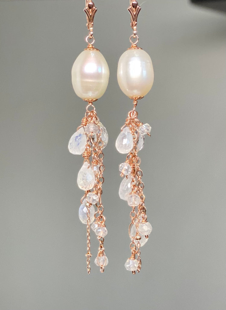 Rose Gold Pearl Moonstone Clear Zircon Long Dangle Earrings