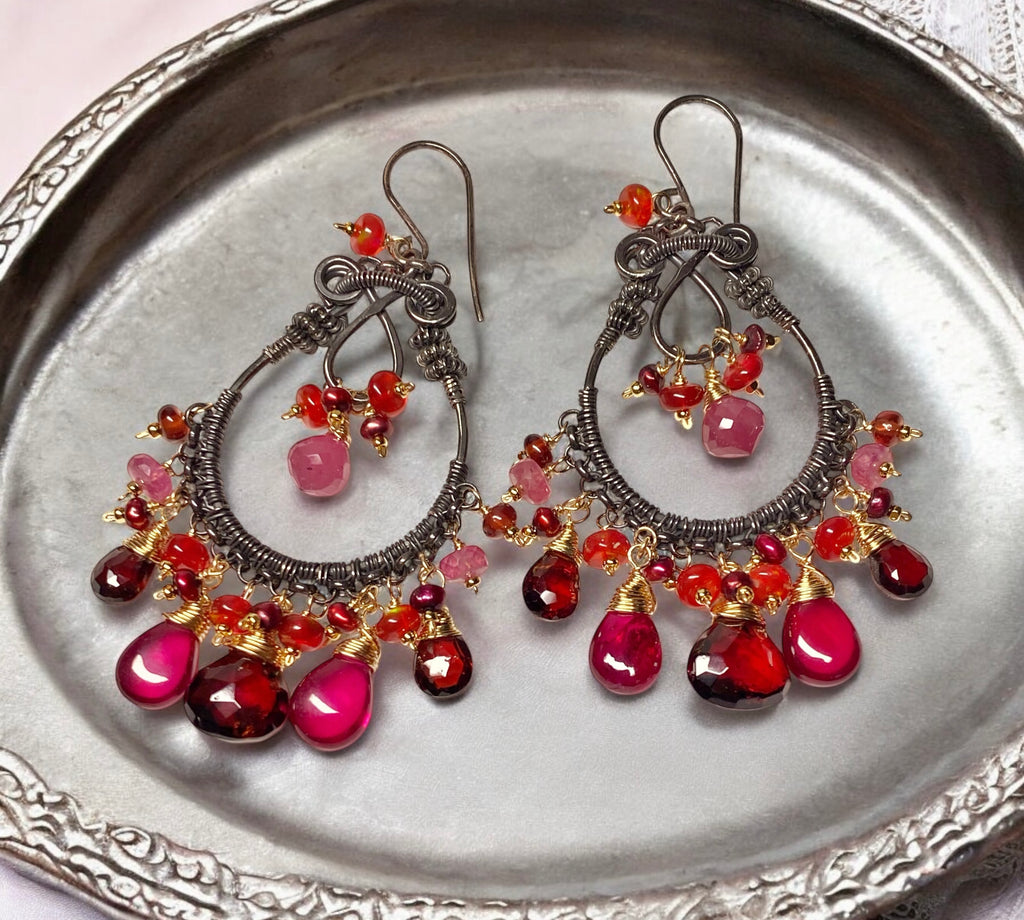 Red Gemstone Statement Chandelier Earrings, Garnet, Sapphire, Mixed Metal, Oxidized Silver