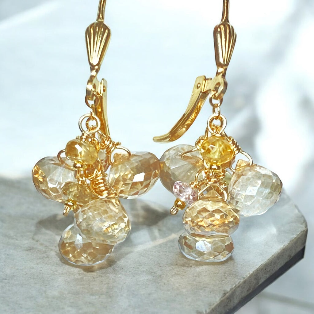 Mystic Champagne Quartz Dangle Earrings Gold Fill