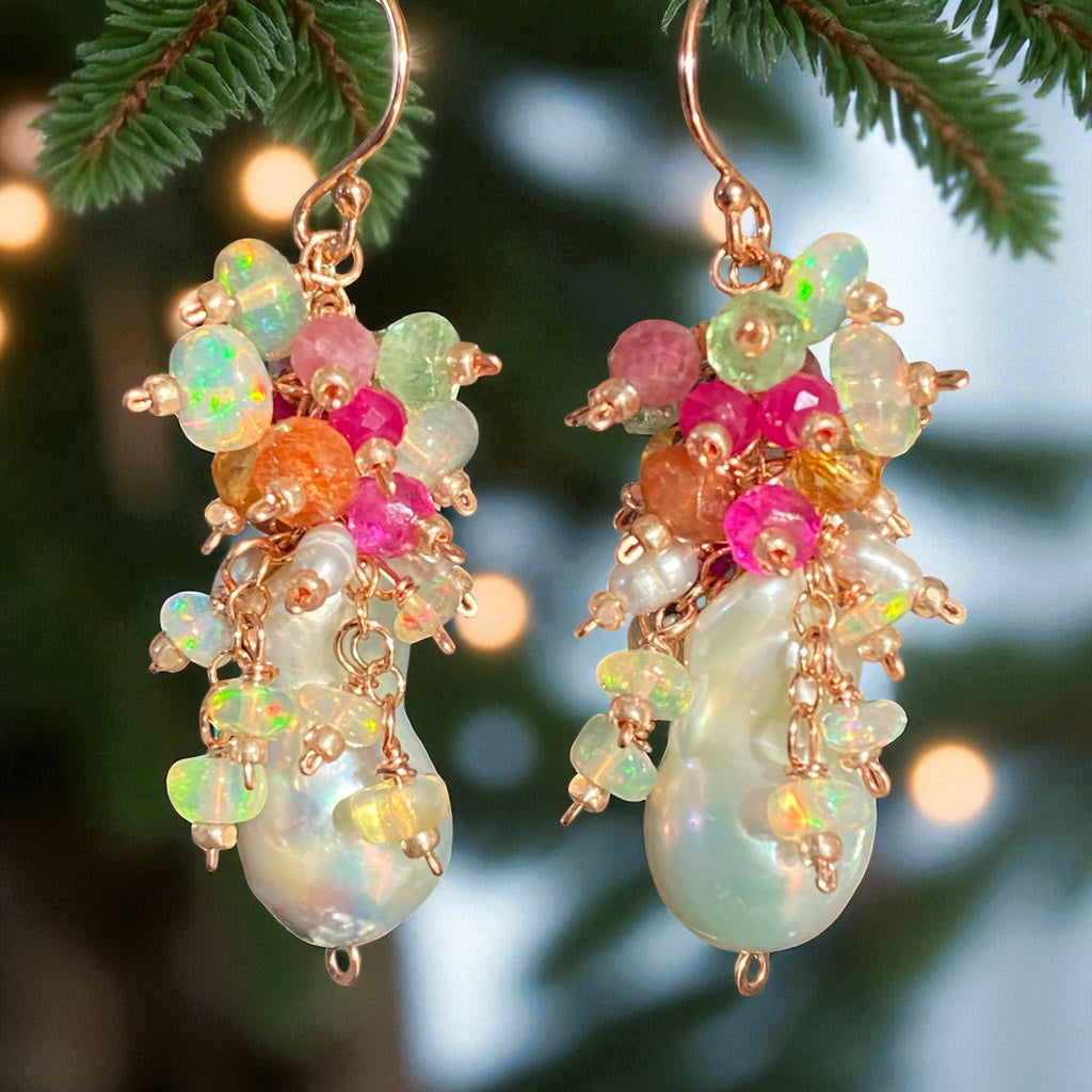 White Flameball Pearl Multicolor Gemstone Cluster Earrings Rose Gold Fill