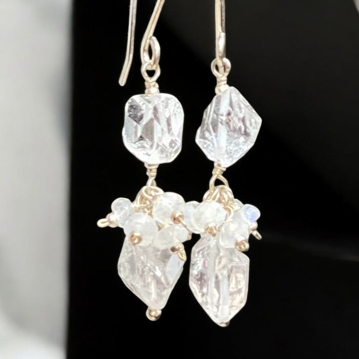 Herkimer Diamond Crystal Quartz, Moonstone and Sterling Silver Dangle Earrings