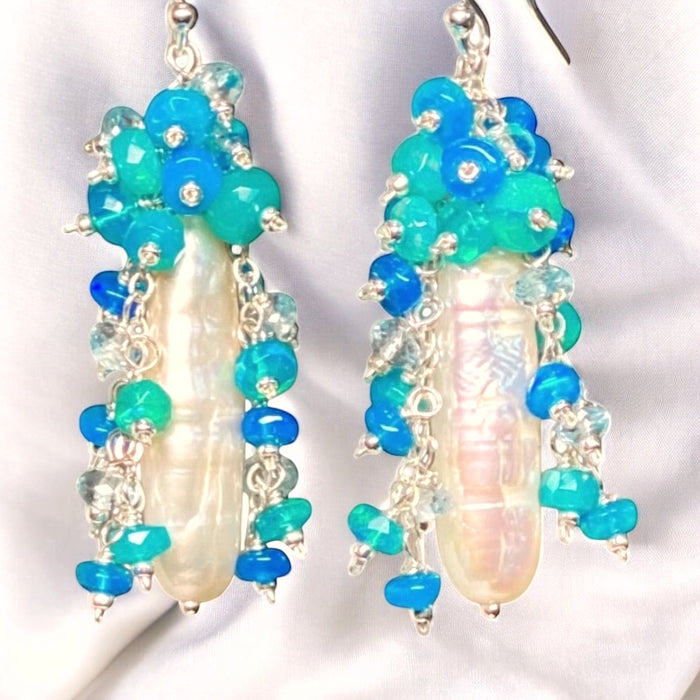 White Biwa Pearl and Aqua Blue Opal Cluster Earrings Sterling Silver