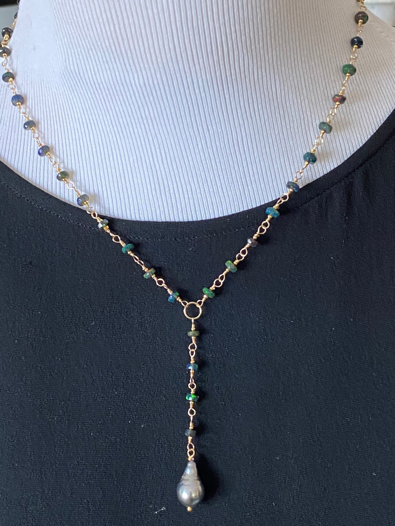 Tahitian Pearl, Black Ethiopian Opal Wire Wrap Y Necklace, Gold Fill