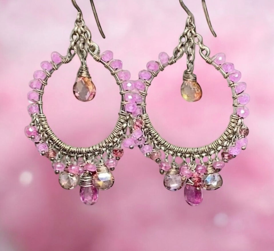Pink Sapphire Chandelier Hoop Earrings in Oxidized Sterling Silver