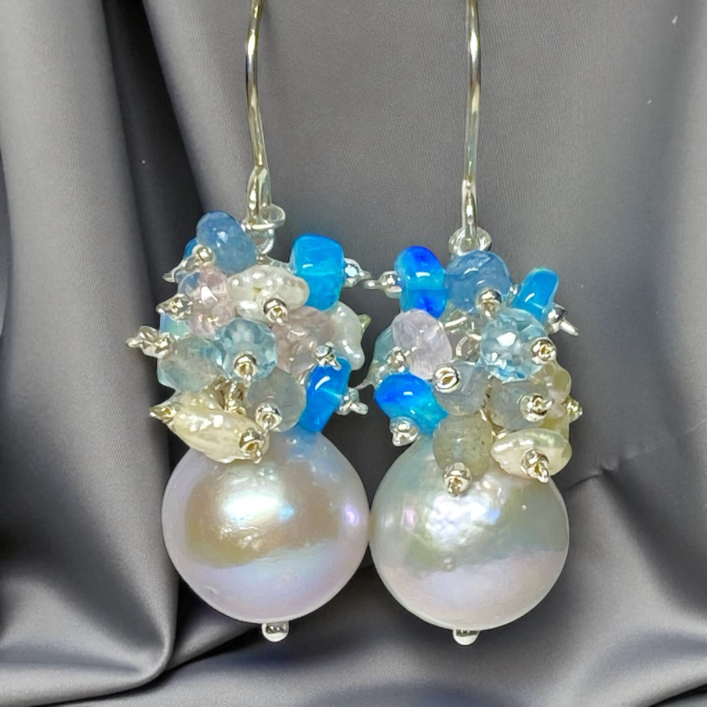 Silver Pearl Cluster Earrings with Blue Opal, Keishi Pearls, Aquamarine in Sterling Silver
