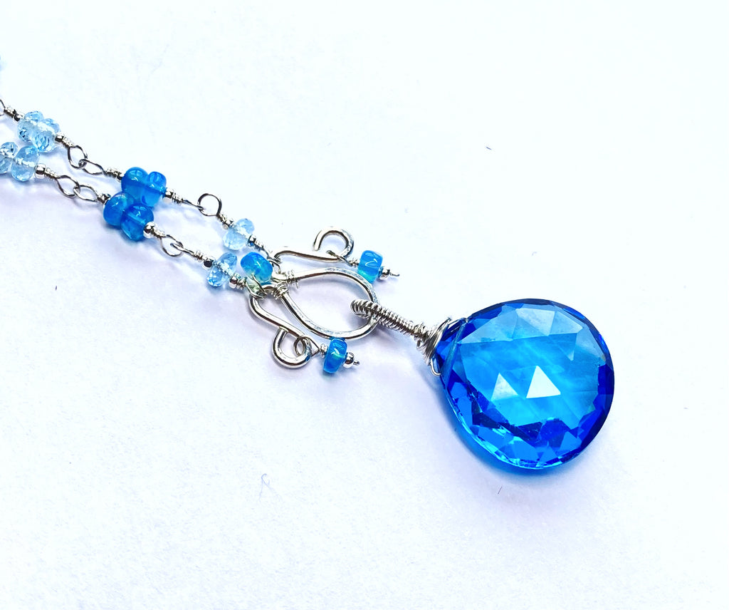 Blue Topaz, Opal and Gemstone Pendant Necklace Rosary Style Sterling Silver