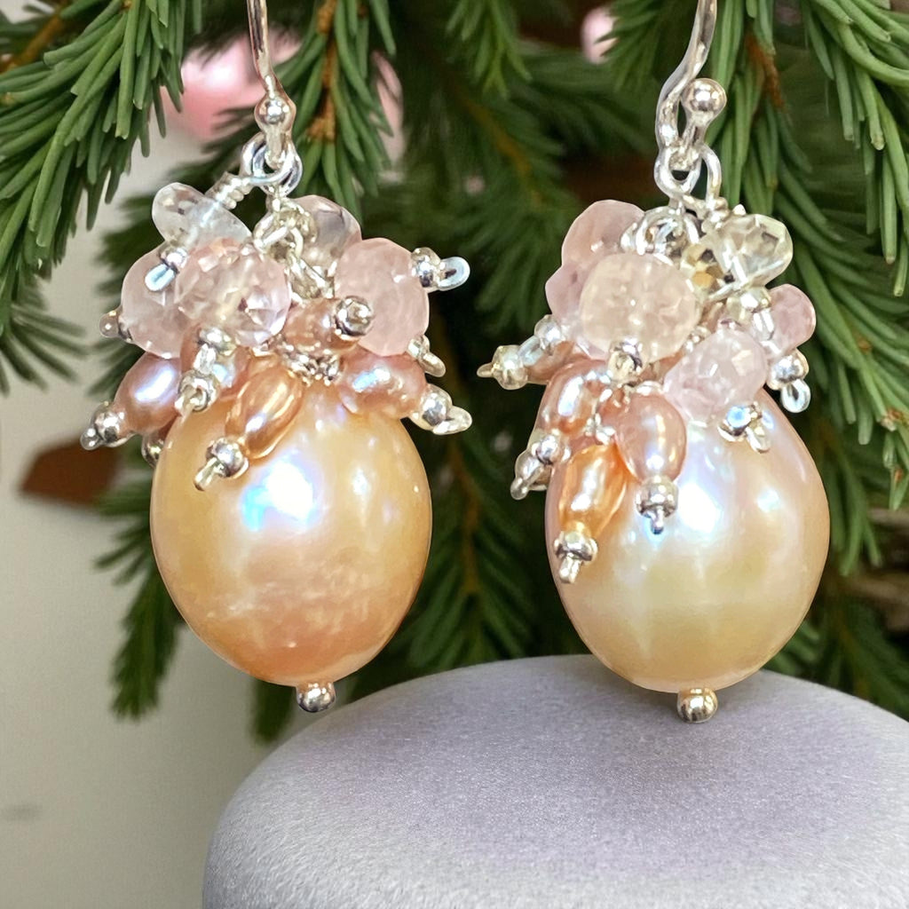 Pink Blush Pearl and Morganite Cluster Earrings Sterling Silver