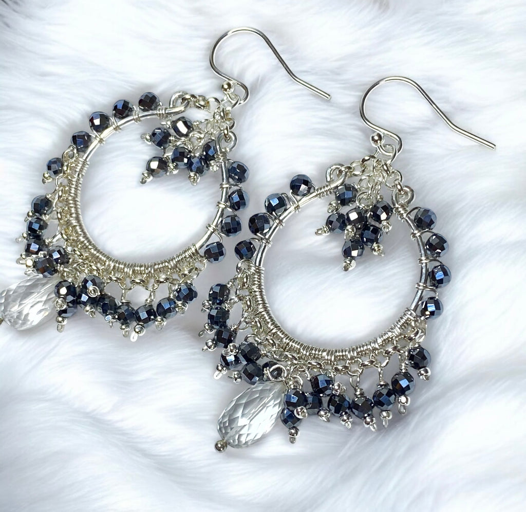 Black Gemstone Chandelier Hoop Earrings Sterling Silver 2