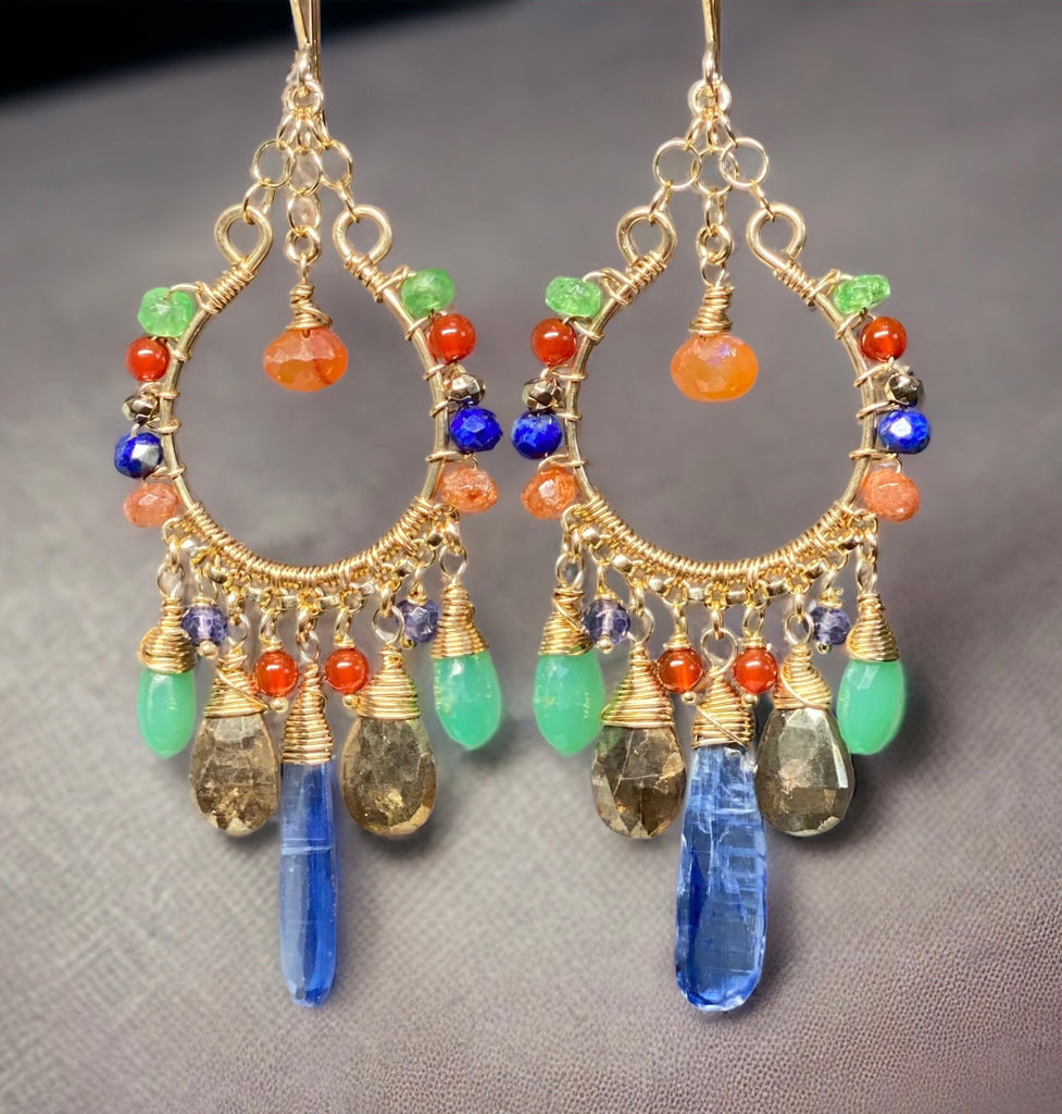 Colorful Chandelier Earrings Gold Fill Kyanite Carnelian Chrysoprase Lapis