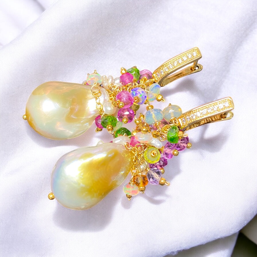 Pond-slime Baroque Pearl and Gemstone Cluster Earrings with Violet Sapphire