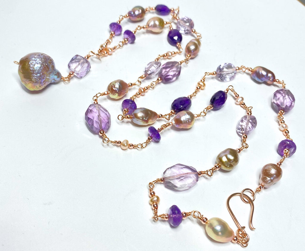 Long Amethyst Gem Stone and Baroque Pearl Necklace in Rose Gold