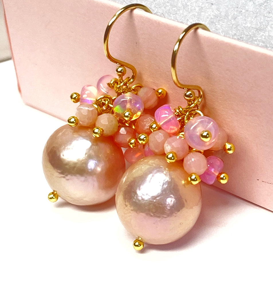 Pink Blush Pearl Pink Opal Cluster Earrings Gold Fill