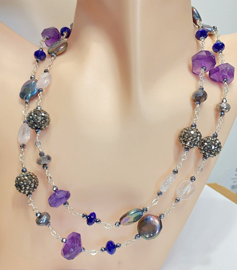 Long Blue Violet Necklace Amethyst Kunzite Coin Pearl Sterling Silver 2