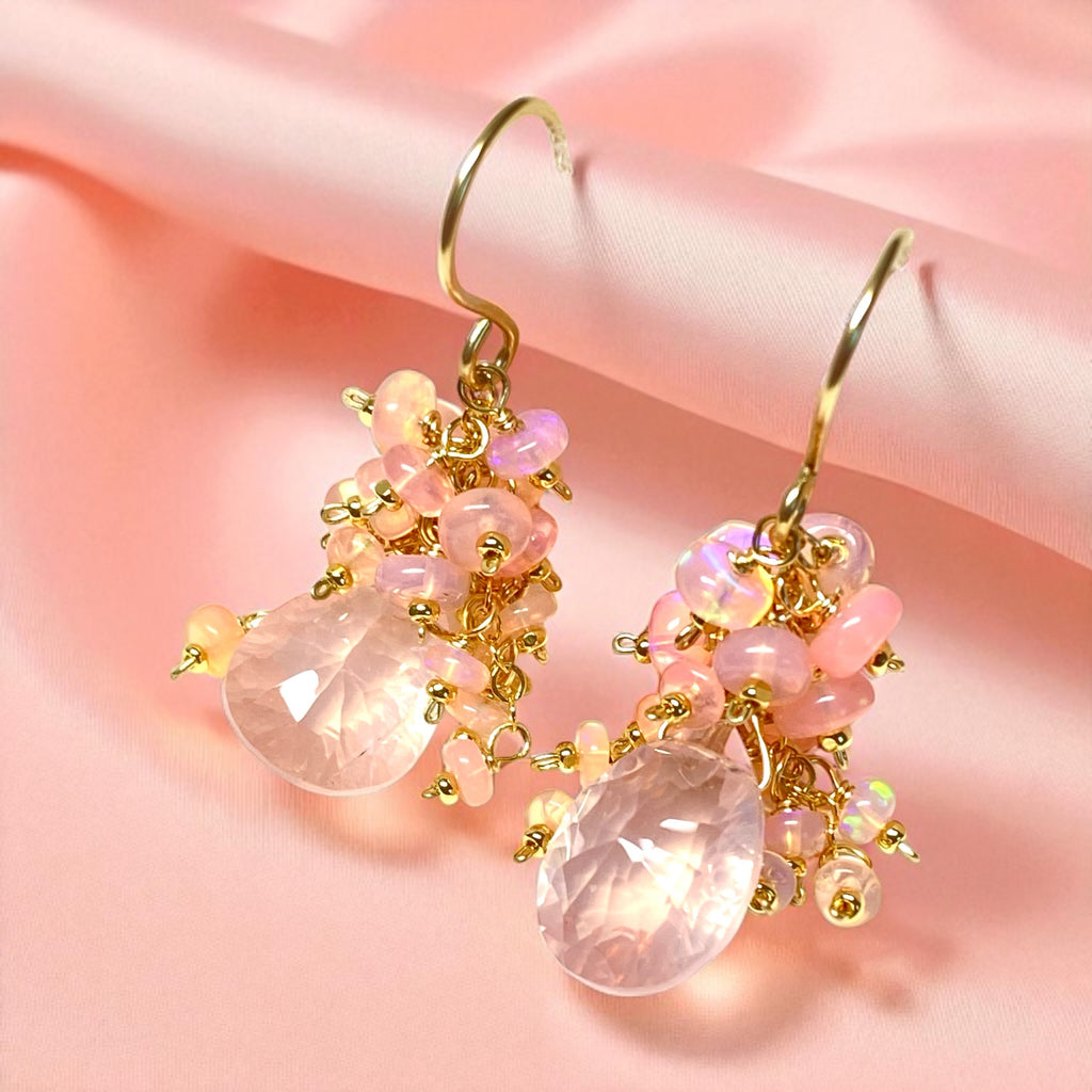 Pink Opal Cluster Earrings Rose Quartz Concave Cut Briolette Earrings Gold