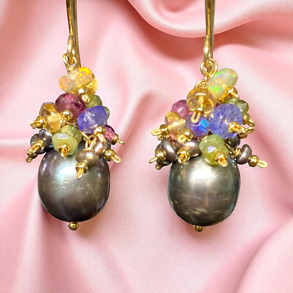 Gray Pearl Earrings with Gemstone Clusters in 14 kt Gold Fill
