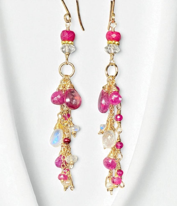Red Ruby, Pink Sapphire Long Boho Dangle Earrings in Gold Fill with Moonstone