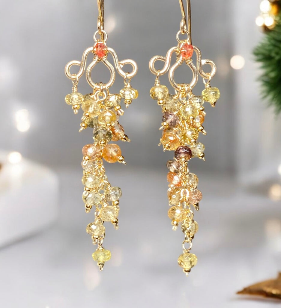 Natural Gemstone Zircon Cluster Dangle Earrings Gold Fill