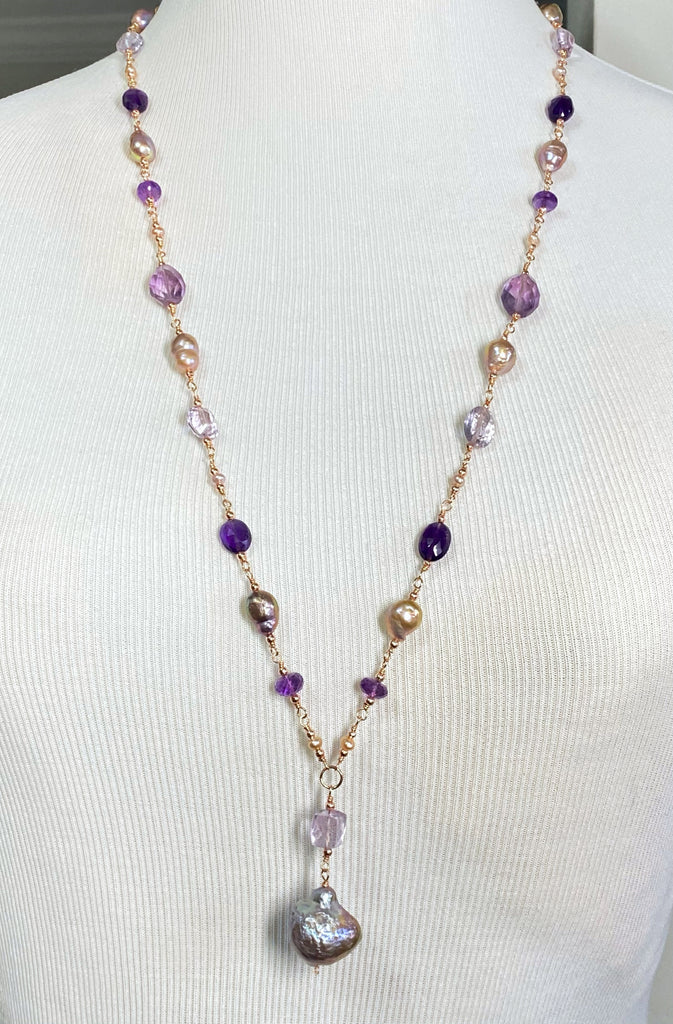 Long Amethyst Gem Stone and Baroque Pearl Necklace in Rose Gold