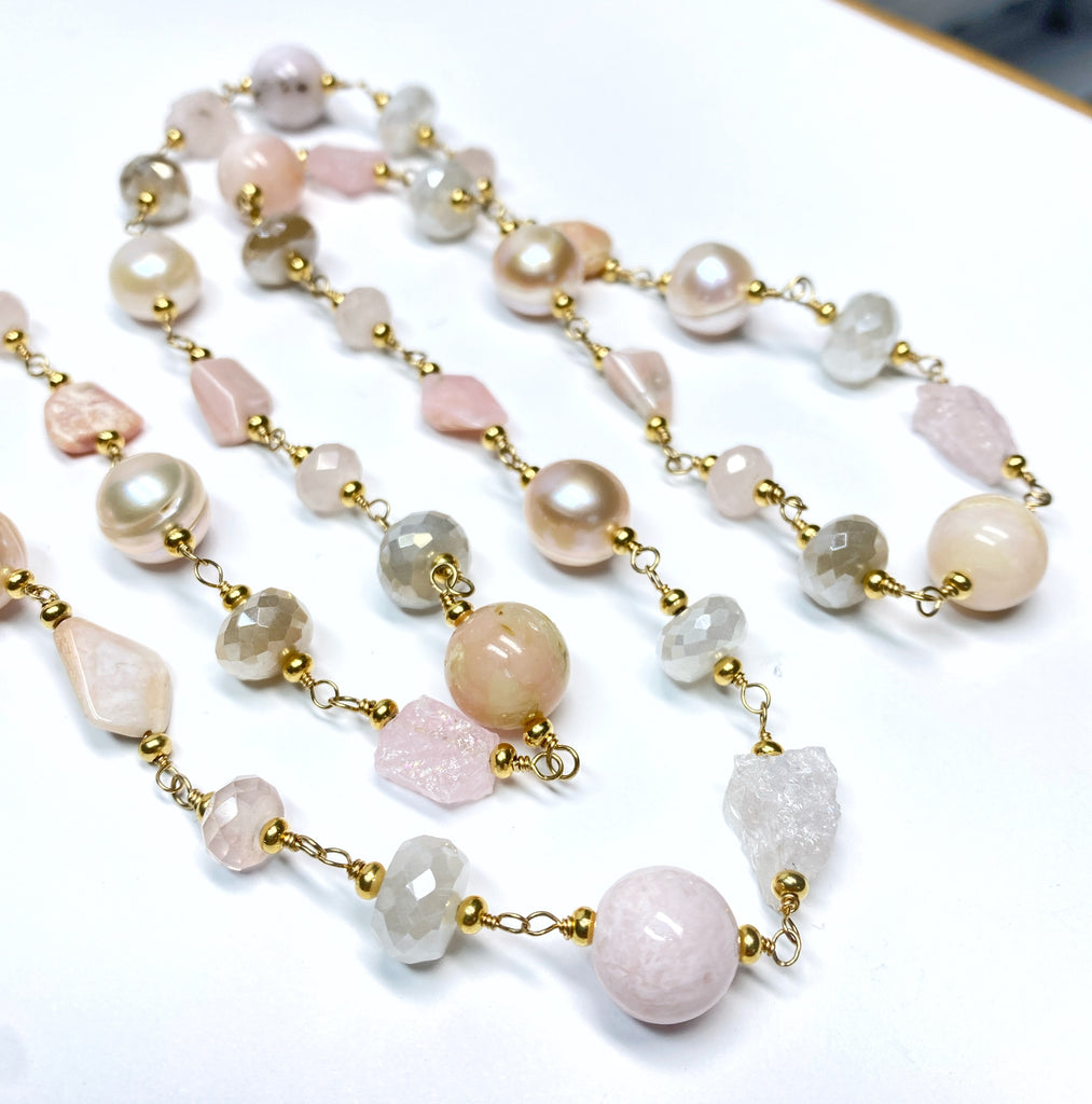Pink Blush Gemstone and Pearl Long Necklace Gold Fill Wire Wrap