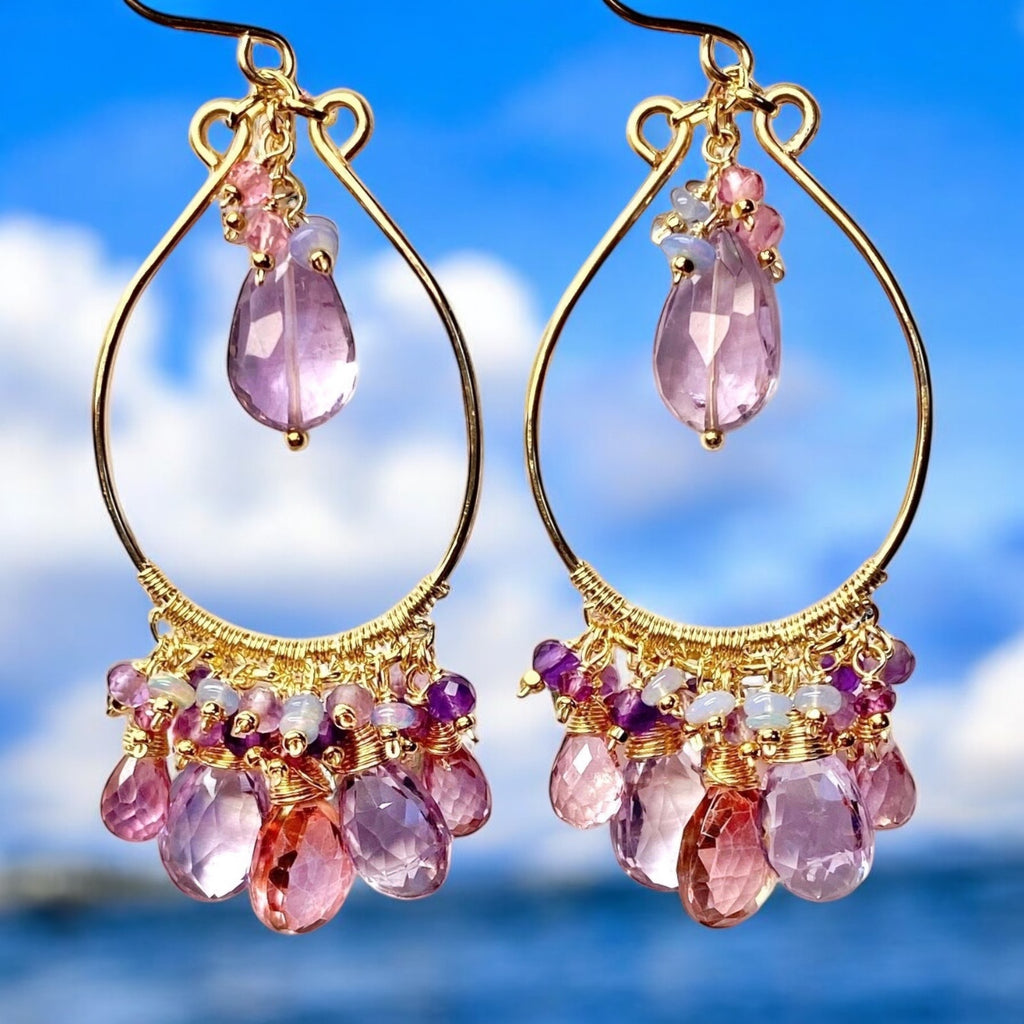 Gemstone Statement Chandelier Earrings in Pink, Lavender, Violet 2