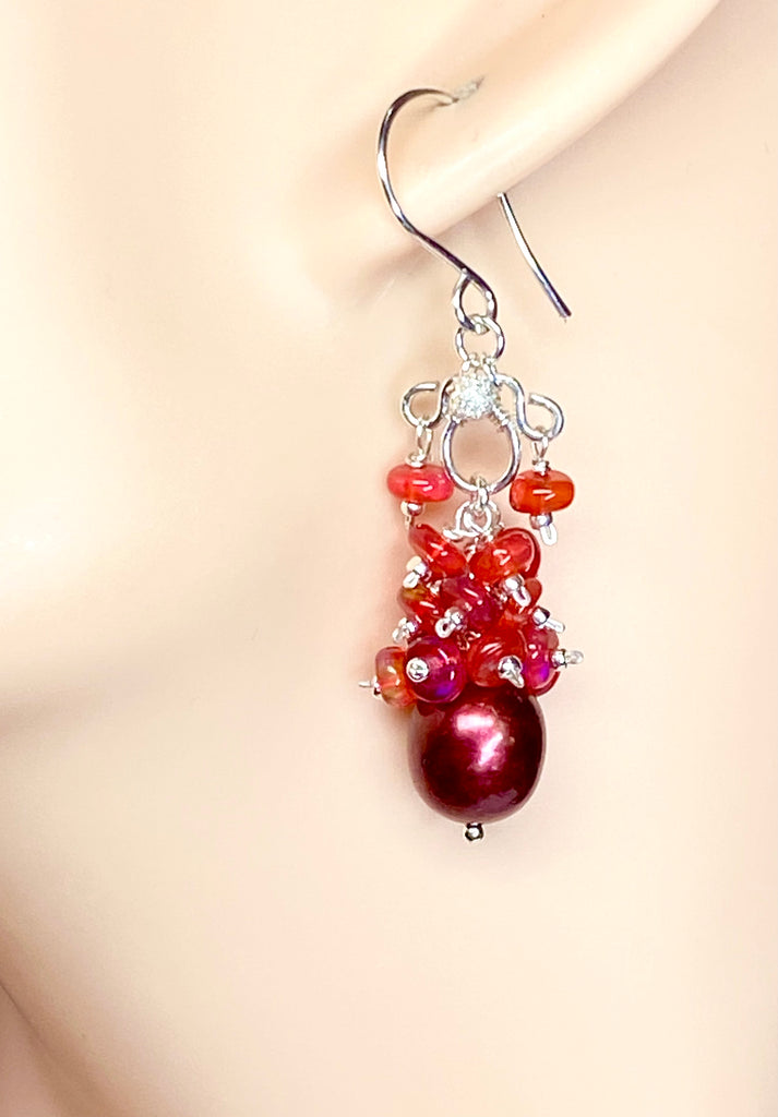 Red Pearl Opal Cluster Earrings in Sterling Silver