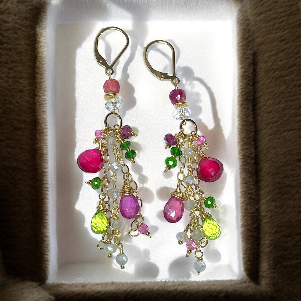 Gemstone Dangle Earrings - Pink Sapphire, Peridot, Ruby, Gold