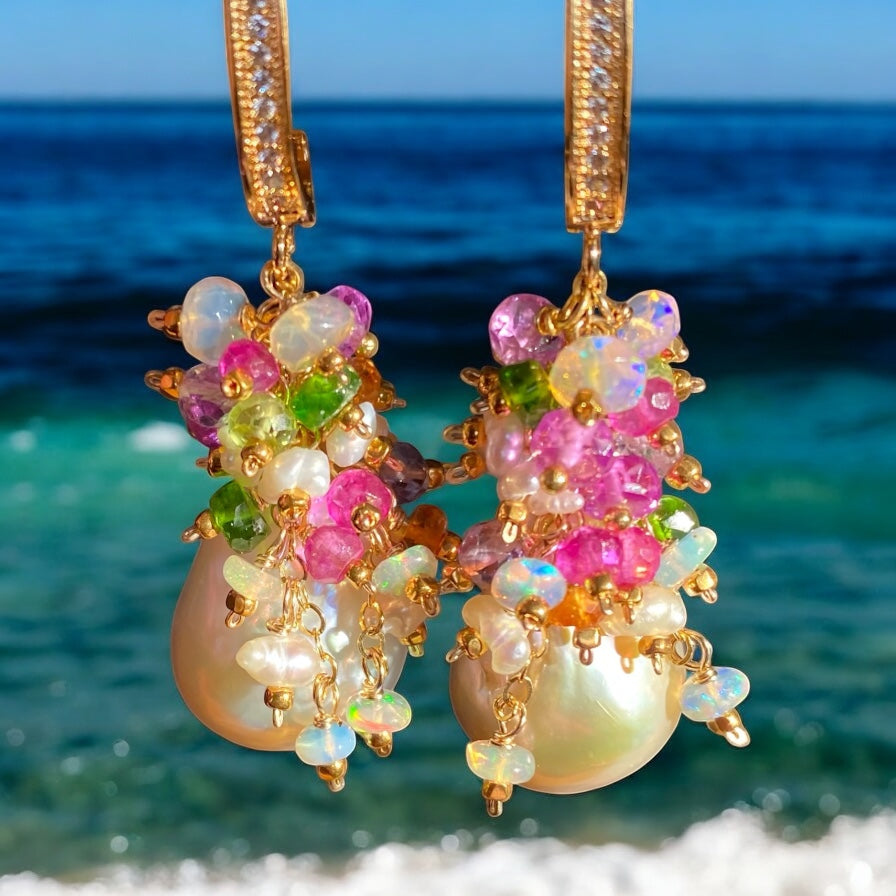 Pond-slime Baroque Pearl and Gemstone Cluster Earrings with Violet Sapphire