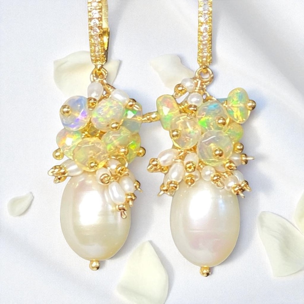 Pearl and Opal Cluster Earrings Gold