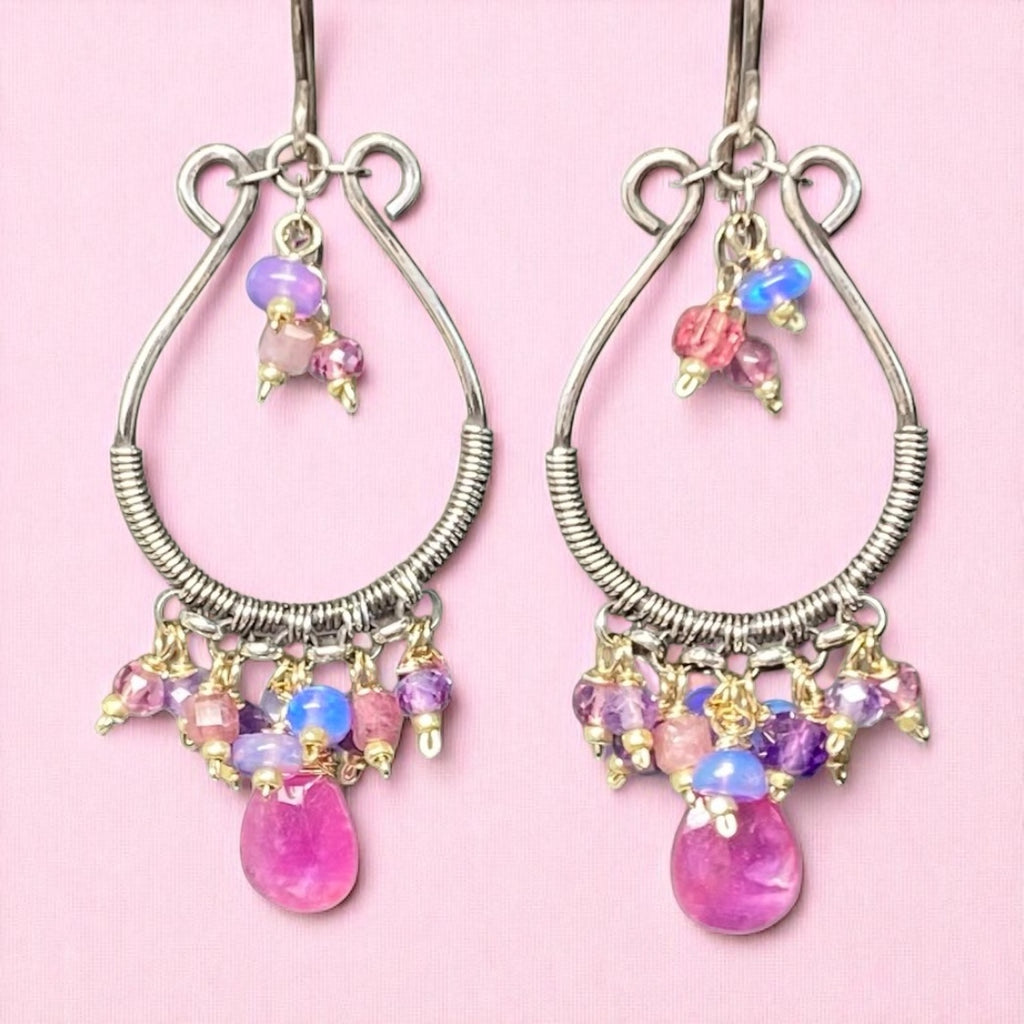 Pink Sapphire Oxidized Silver Hoop Chandelier Earrings, Mixed Metals 3