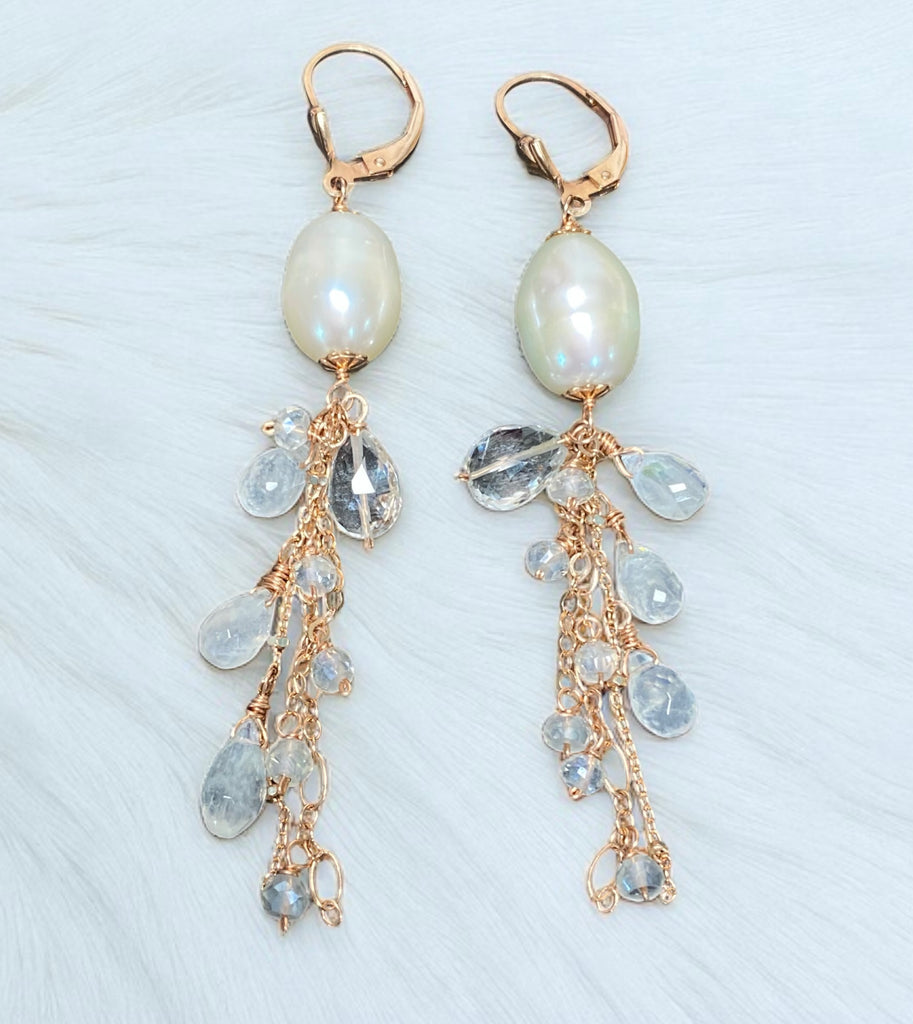 Rose Gold Pearl Moonstone Clear Zircon Long Dangle Earrings