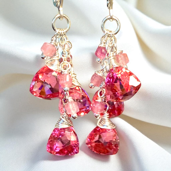 Pink Tourmaline and Quartz Dangle Earrings Sterling Silver