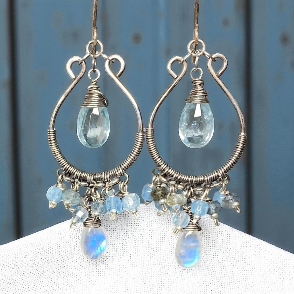 Aquamarine Oxidized Sterling Silver Hoop Chandelier Earrings