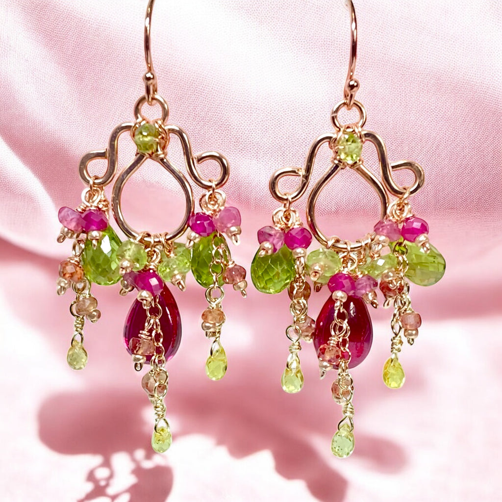 Rubellite and Peridot Rose Gold Chandelier Earrings - Pink and Green