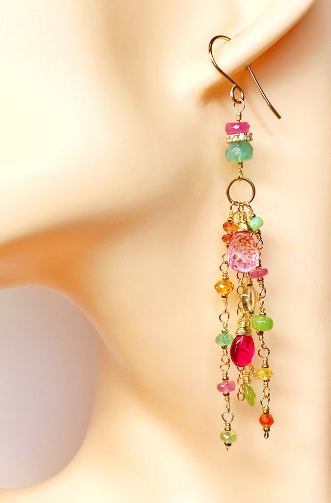 Pink Sapphire, Green Gemstone Gold Fill Long Dangle Earrings
