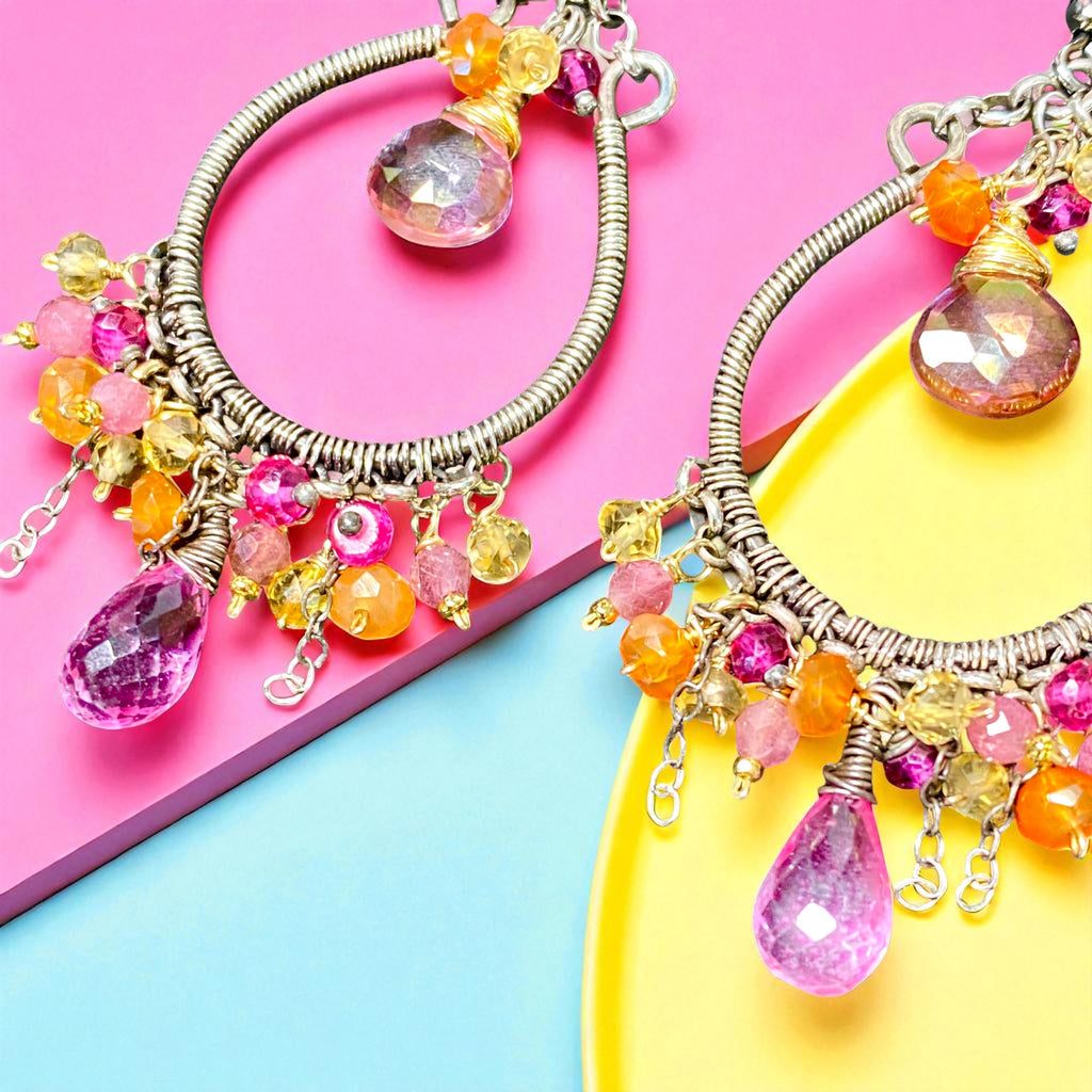 Multi-color Gemstone Hoop Chandelier Earrings in Mixed Metals